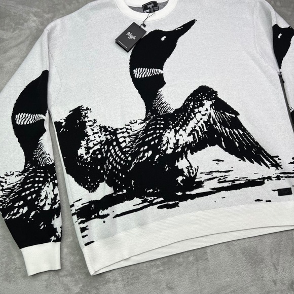 Waggle Loon Call Wildknit Crewneck Sweater Mens 2XL White Black Graphic Bird - Picture 2 of 11